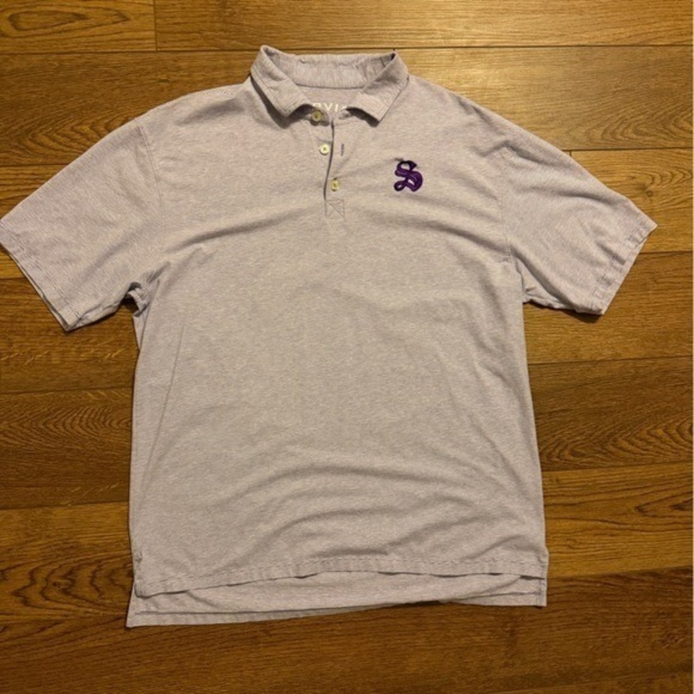 Orvis Mens Pima Cotton Stretch Polo Shirt Purple Stripe Logo Size L